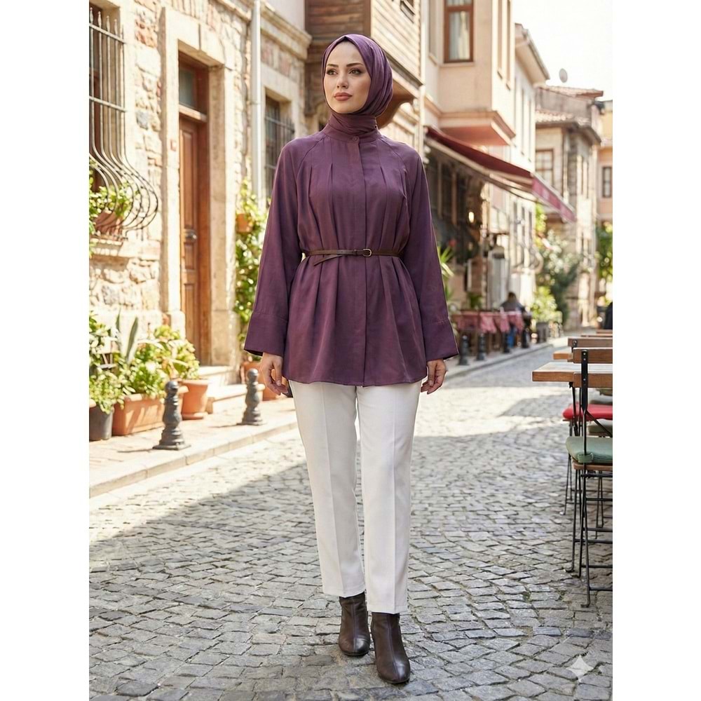 Kemerli Pileli Gömlek 26801 - Mürdüm - L