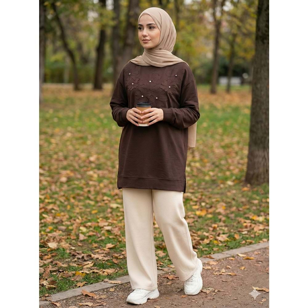Çiçek Nakışlı Taş Detaylı Tunik 26810 - Acı Kahve - M