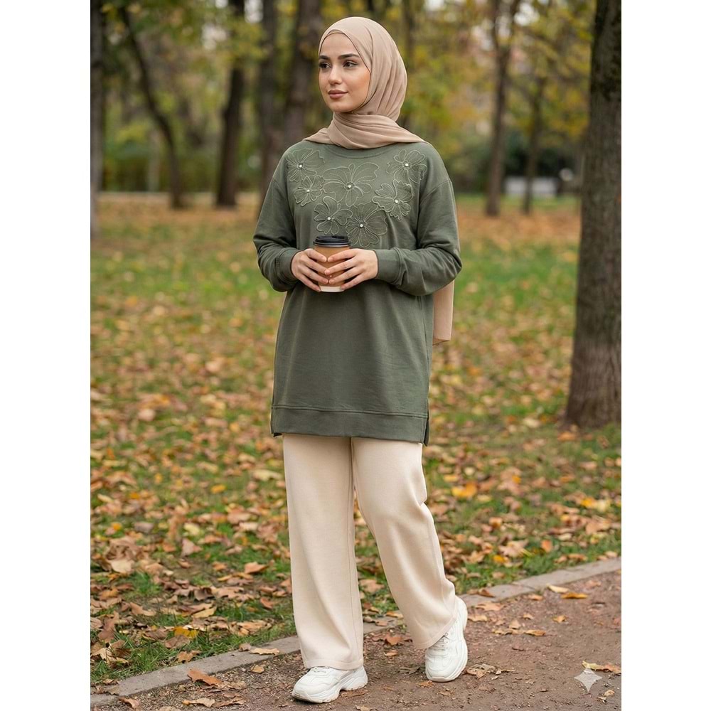 Çiçek Nakışlı Taş Detaylı Tunik 26810 - Haki - L