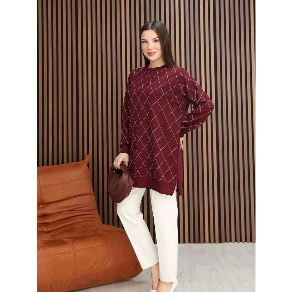 Baklava Taş Dizaynlı Tunik 26772 - Bordo - L