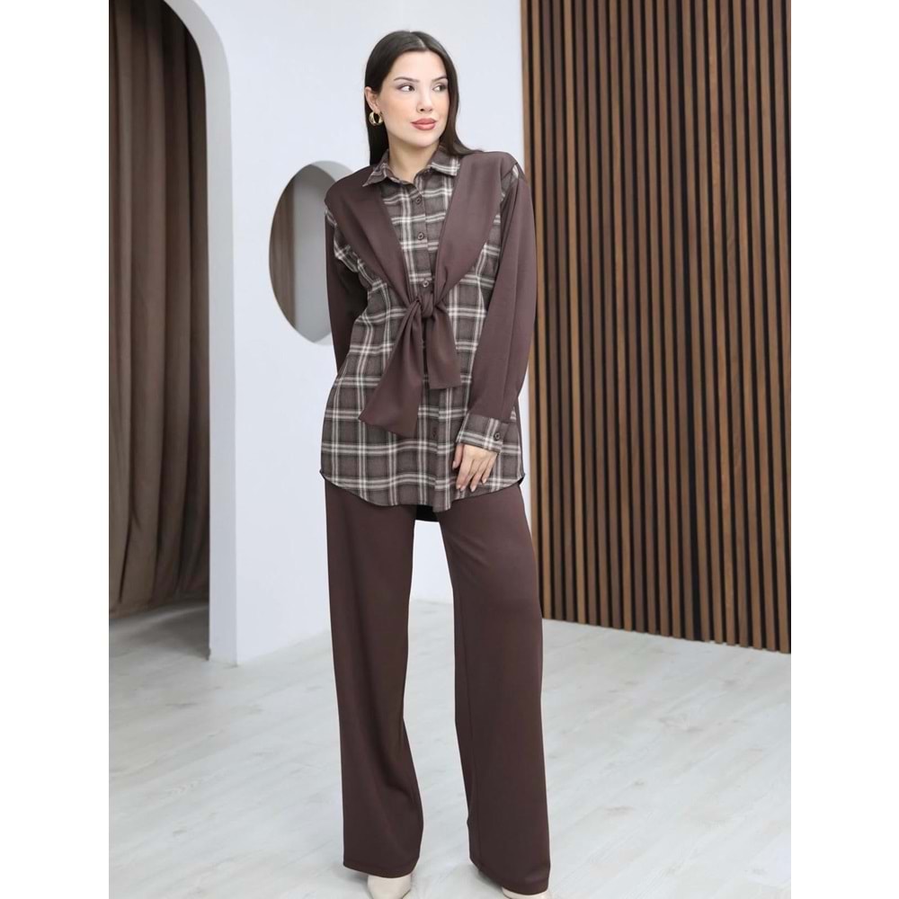 Ekose Garni Detaylı Detaylı Atkılı Takım 26837 - Acı Kahve - L