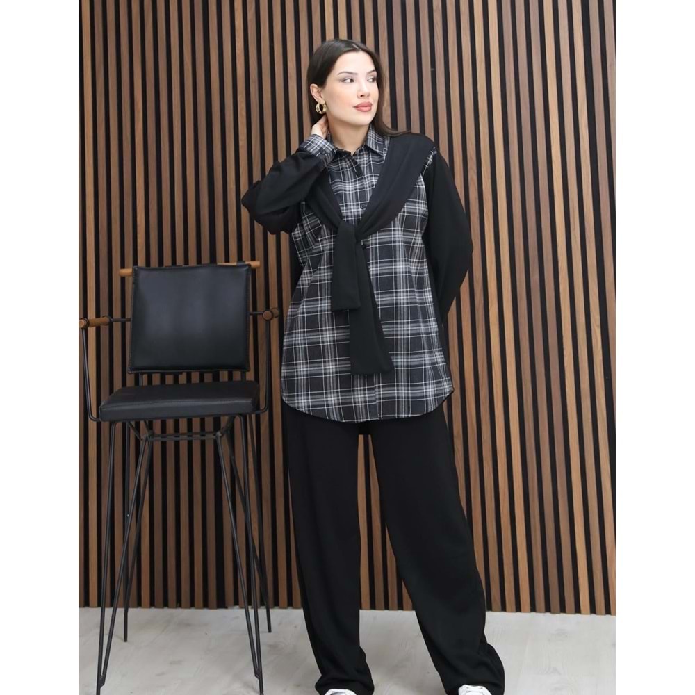 Ekose Garni Detaylı Detaylı Atkılı Takım 26837 - Siyah - L