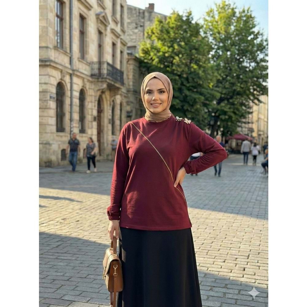 Omuz Büzgülü Aksesuarlı Tunik 26793 - Bordo - L