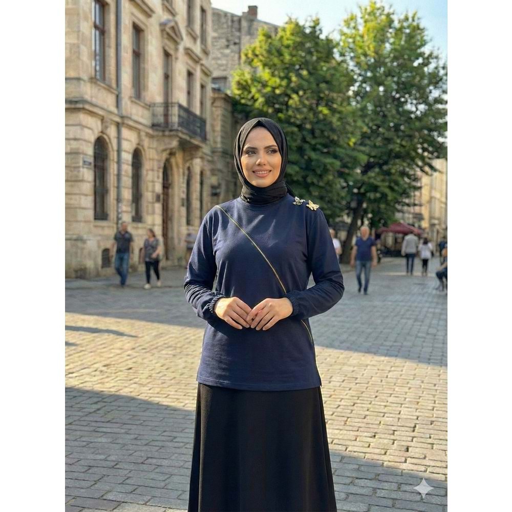Omuz Büzgülü Aksesuarlı Tunik 26793 - Lacivert - L