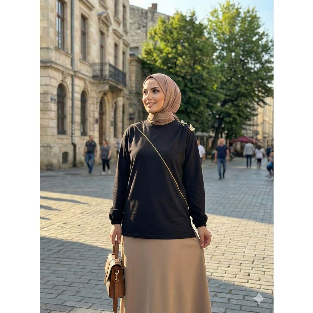 Omuz Büzgülü Aksesuarlı Tunik 26793 - Siyah - L