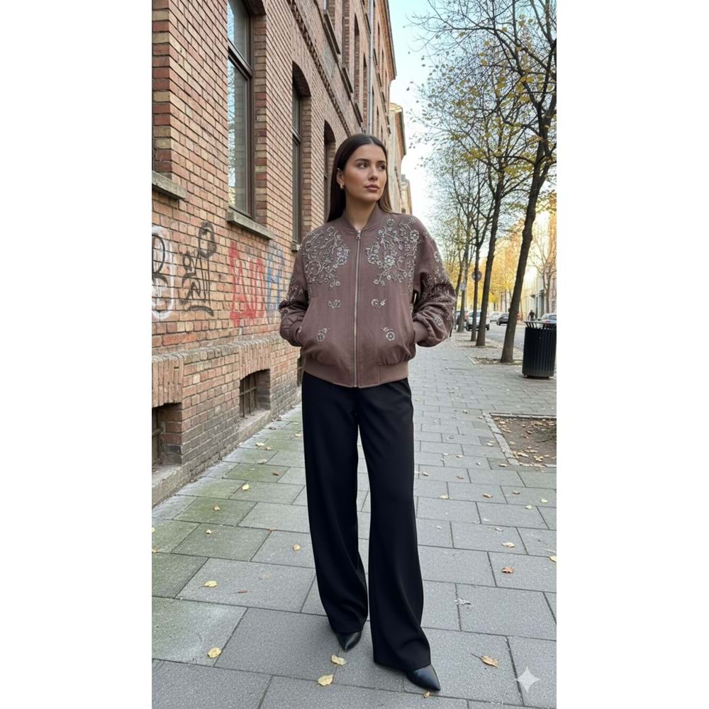 İthal Taş İşlemeli Ceket 99927 - Kahve Rengi - L