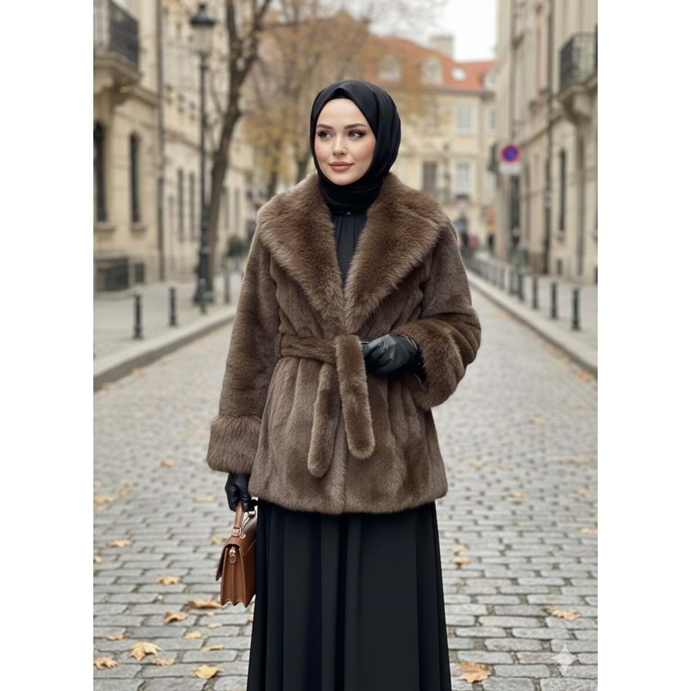 İthal Kürk Mont 99679 - Kahve Rengi - TEK BEDEN