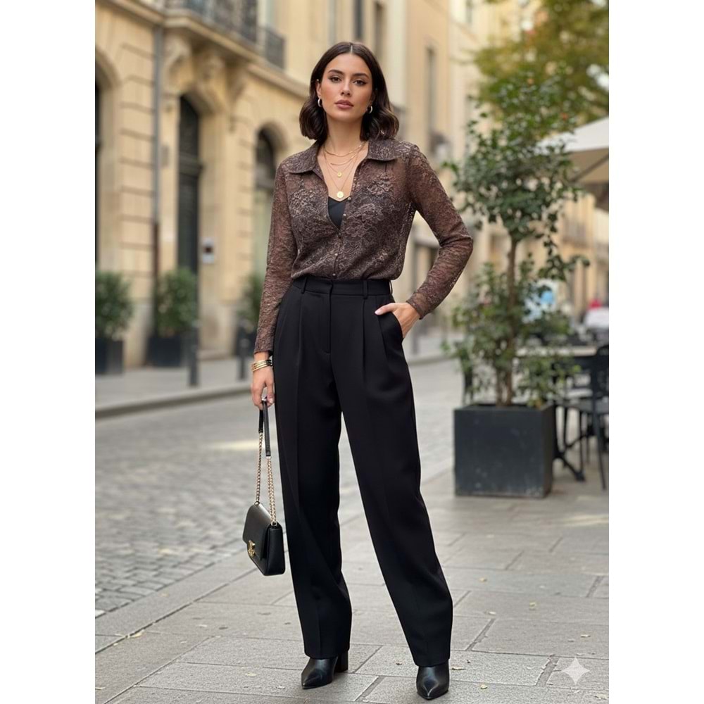 Düğmeli Güpürlü Bluz 10652 - Kahve Rengi - L