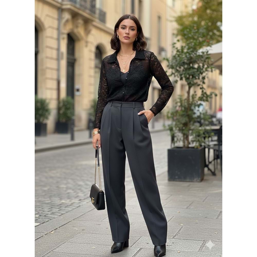 Düğmeli Güpürlü Bluz 10652 - Siyah - L