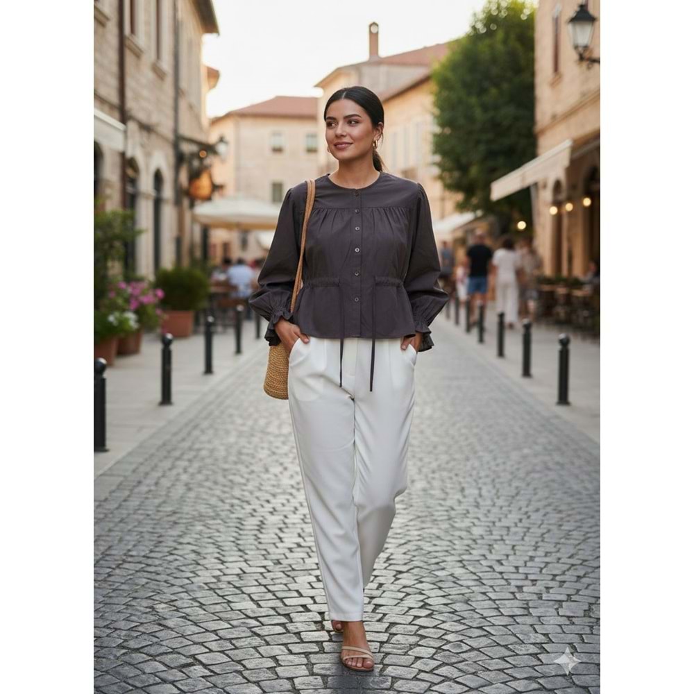 Belden Bağlamalı Kol Ağızı Lastikli Gömlek 26569 - Acı Kahve - L - AZRA07788-60846