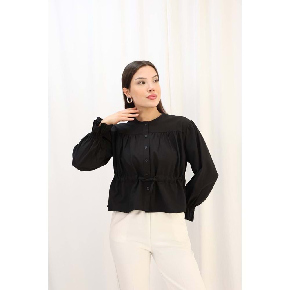 Belden Bağlamalı Kol Ağızı Lastikli Gömlek 26569 - Siyah - L - AZRA07788-60858