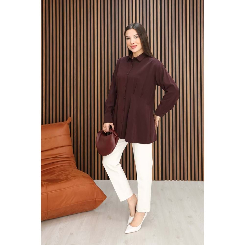 Ön Arka Pile Detaylı Modal Kumaş Gömlek 26773 - Mürdüm - L - AZRA07790-60892