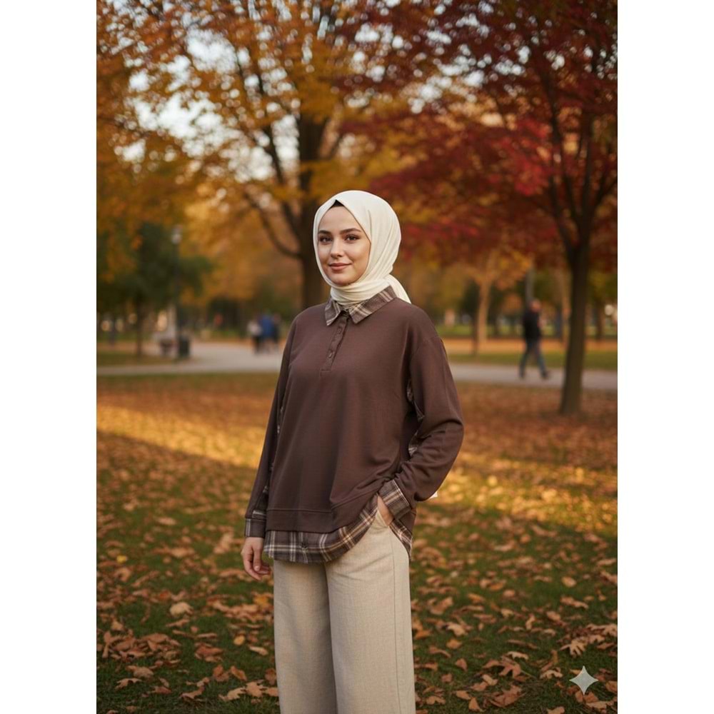 Ekose Detaylı Oysho Kumaş Tunik 26836 - Acı Kahve - L - AZRA07791-60897