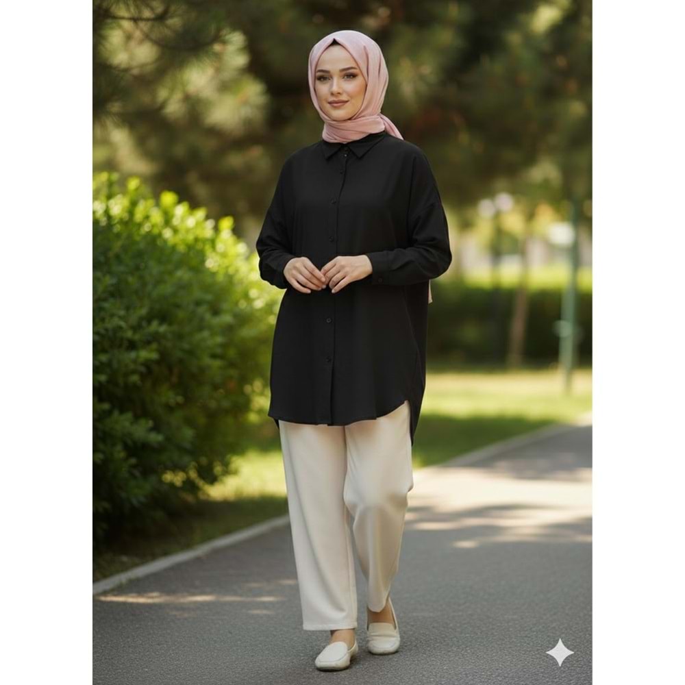 Uzun Kollu Düz Gömlek 25331 - Siyah - L - AZRA07792-60922