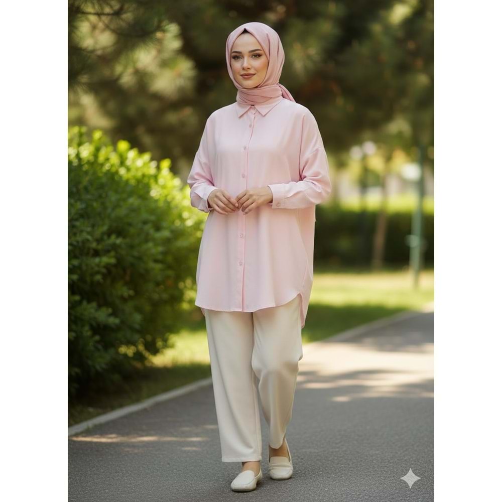 Uzun Kollu Düz Gömlek 25331 - Toz Pembe - S - AZRA07792-60924