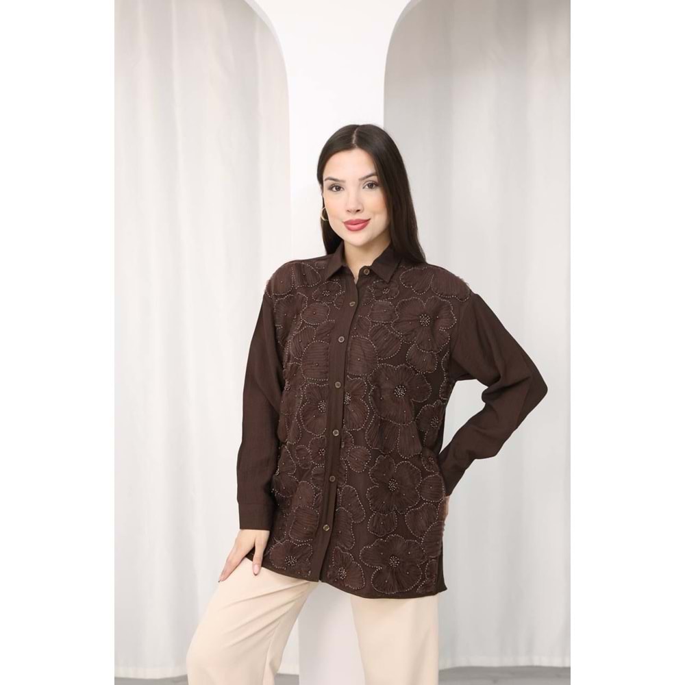 İşlemeli Dantel Detaylı Çiçekli Gömlek 26589 - Acı Kahve - M - AZRA07793-60930