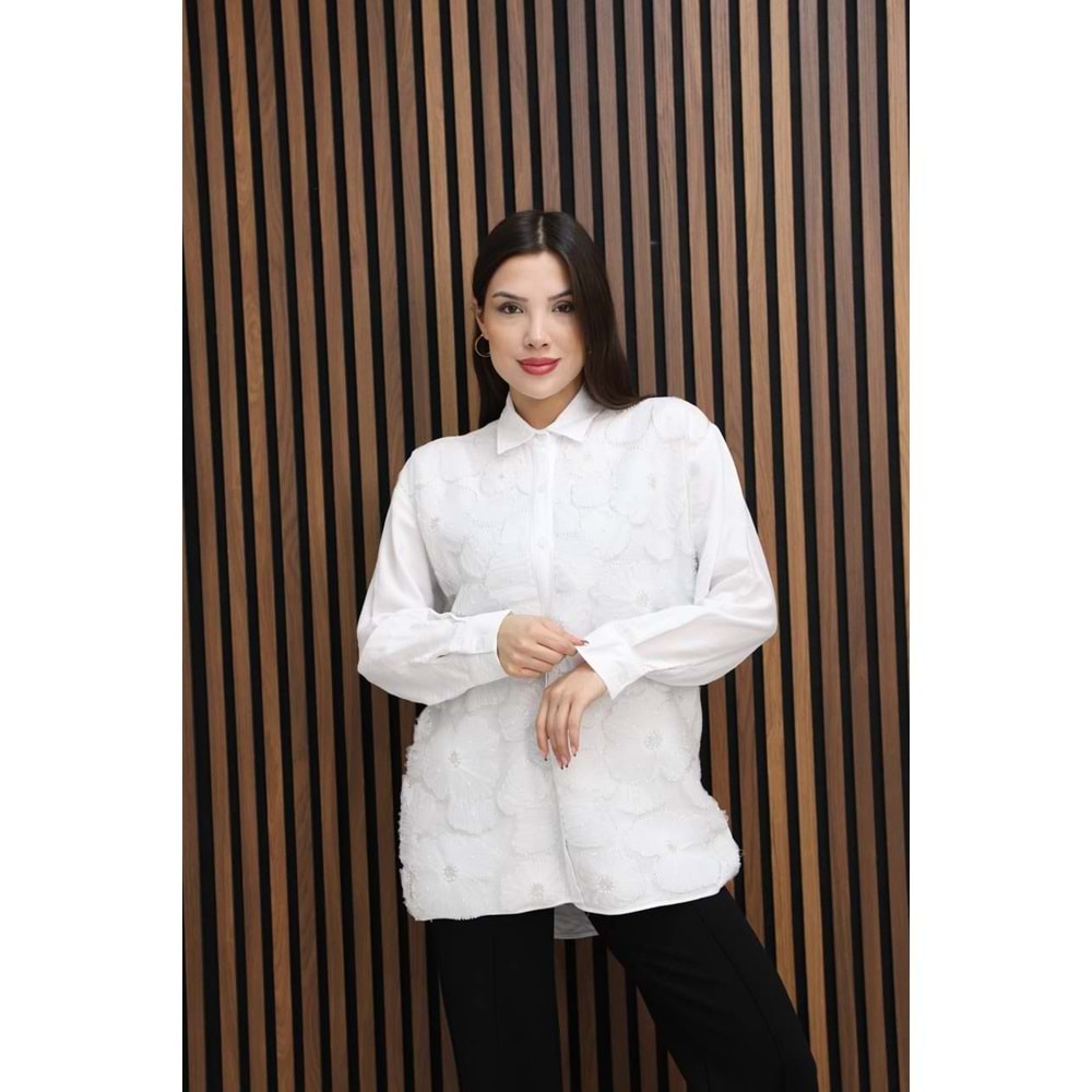 İşlemeli Dantel Detaylı Çiçekli Gömlek 26589 - Beyaz - L - AZRA07793-60935