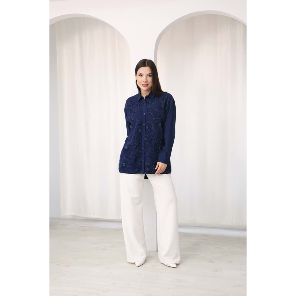 İşlemeli Dantel Detaylı Çiçekli Gömlek 26589 - Lacivert - L - AZRA07793-60939