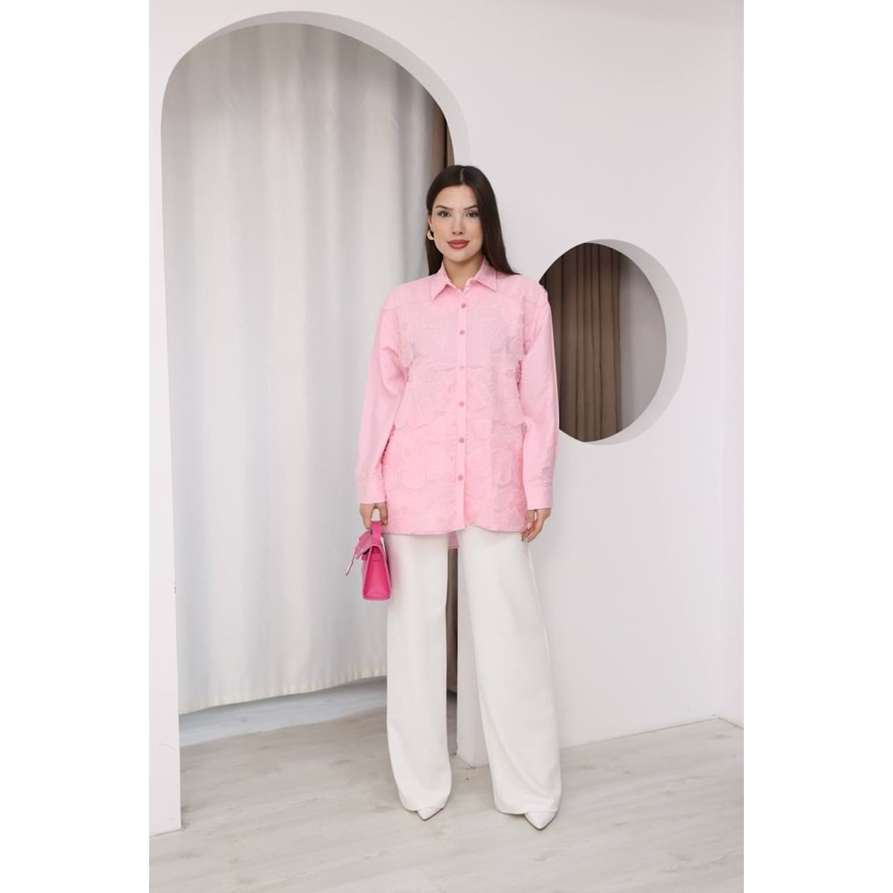 İşlemeli Dantel Detaylı Çiçekli Gömlek 26589 - Pembe - L - AZRA07793-60947