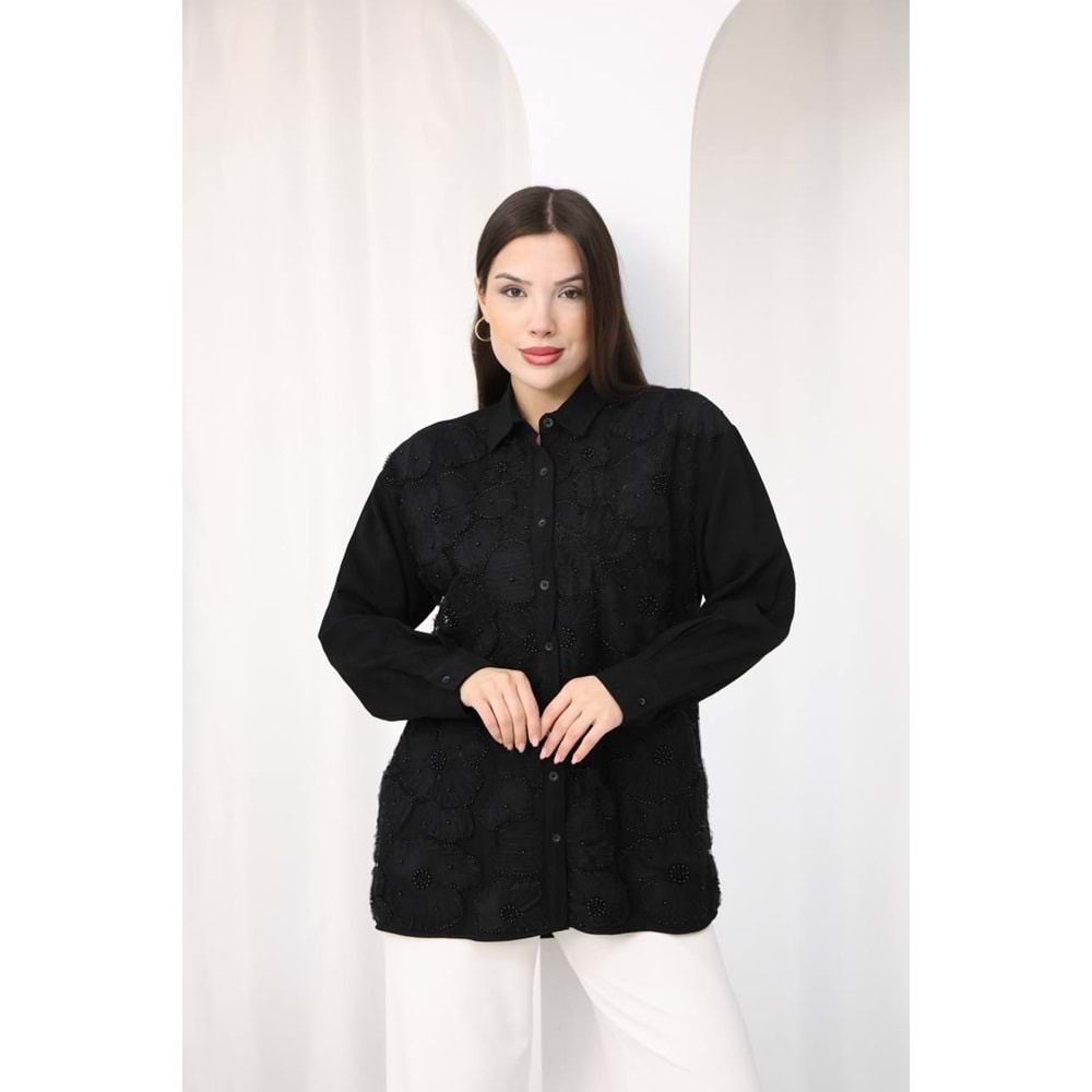 İşlemeli Dantel Detaylı Çiçekli Gömlek 26589 - Siyah - L - AZRA07793-60951