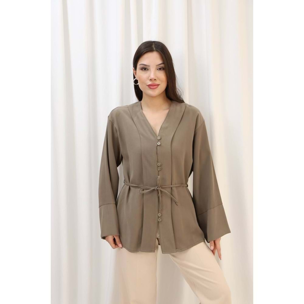 Önü Düğmeli Pervazlı Gömlek 26800 - Kum - L - AZRA07794-60960