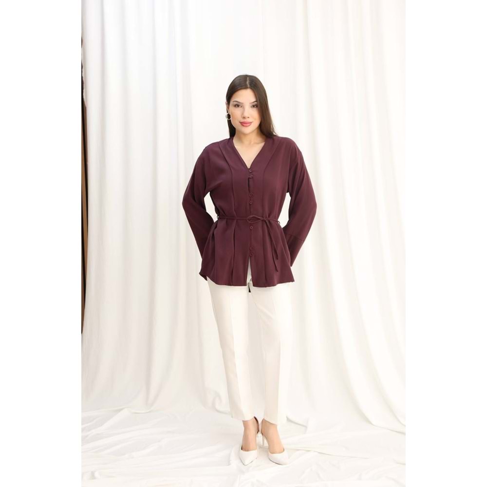 Önü Düğmeli Pervazlı Gömlek 26800 - Mürdüm - L - AZRA07794-60968