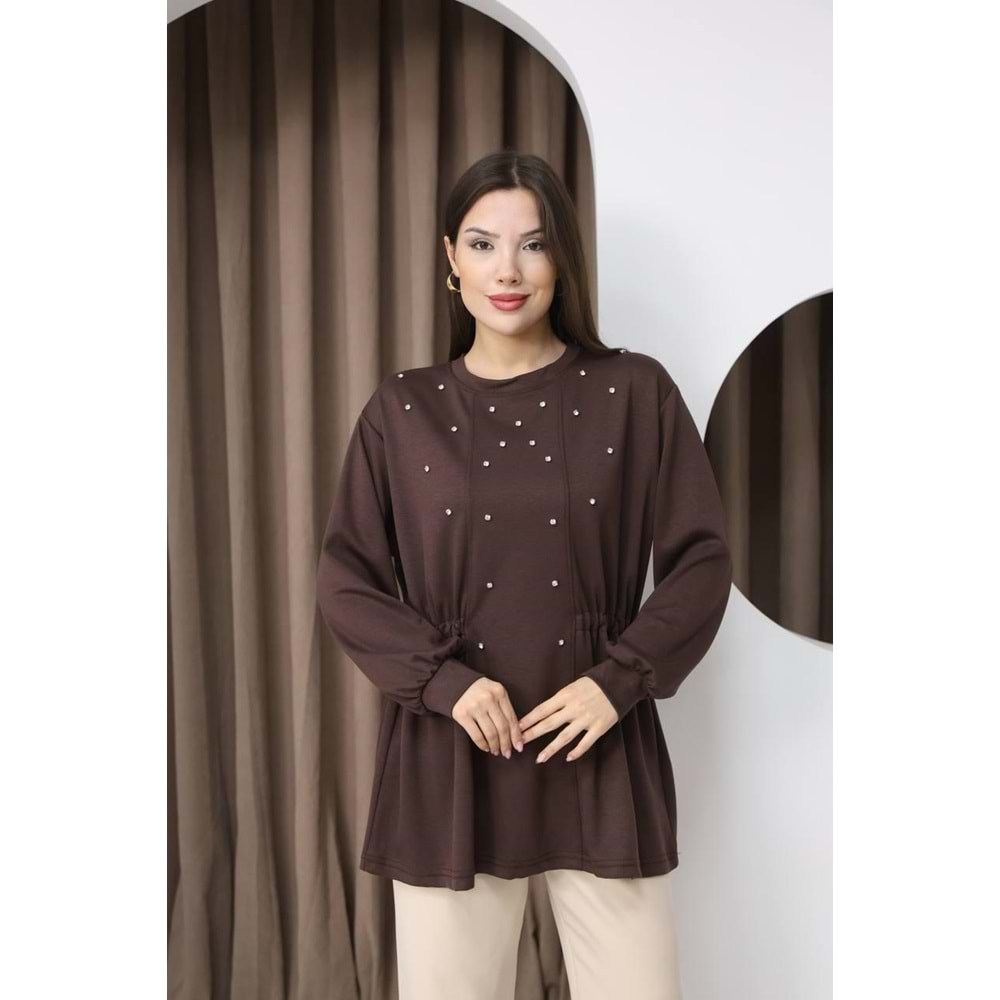 Taşlı Yandan Fiyonklu Tunik 26787 - Acı Kahve - L - AZRA07796-60994