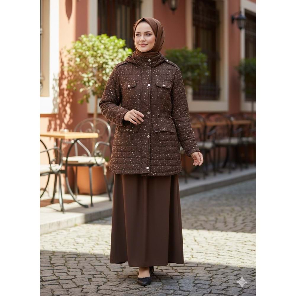 Simli Kapitone Mont 2661 - Acı Kahve - 42-44