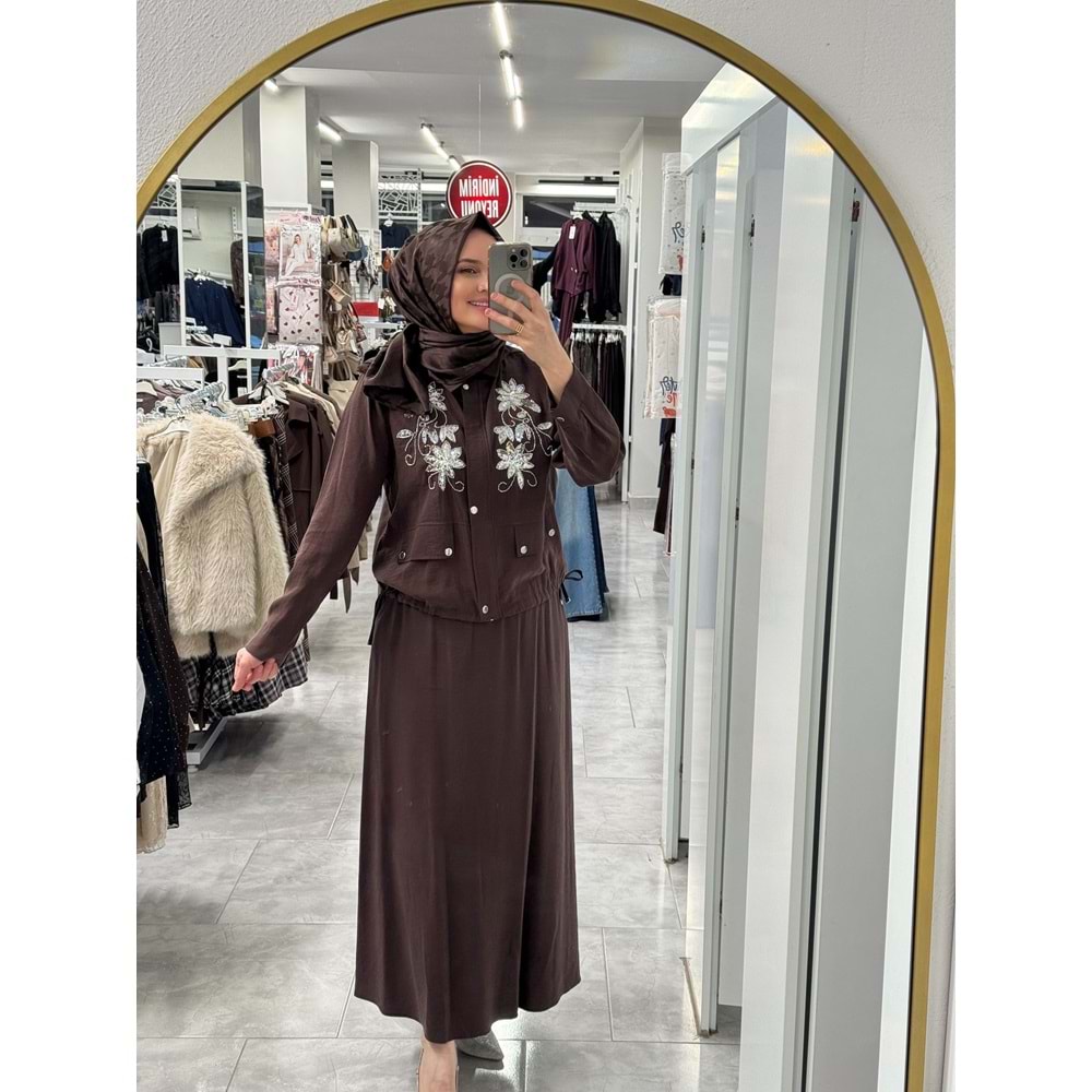 Çiçek İşlemeli Etekli Takım 120387 - Acı Kahve - 36 - AZRA07878-61720