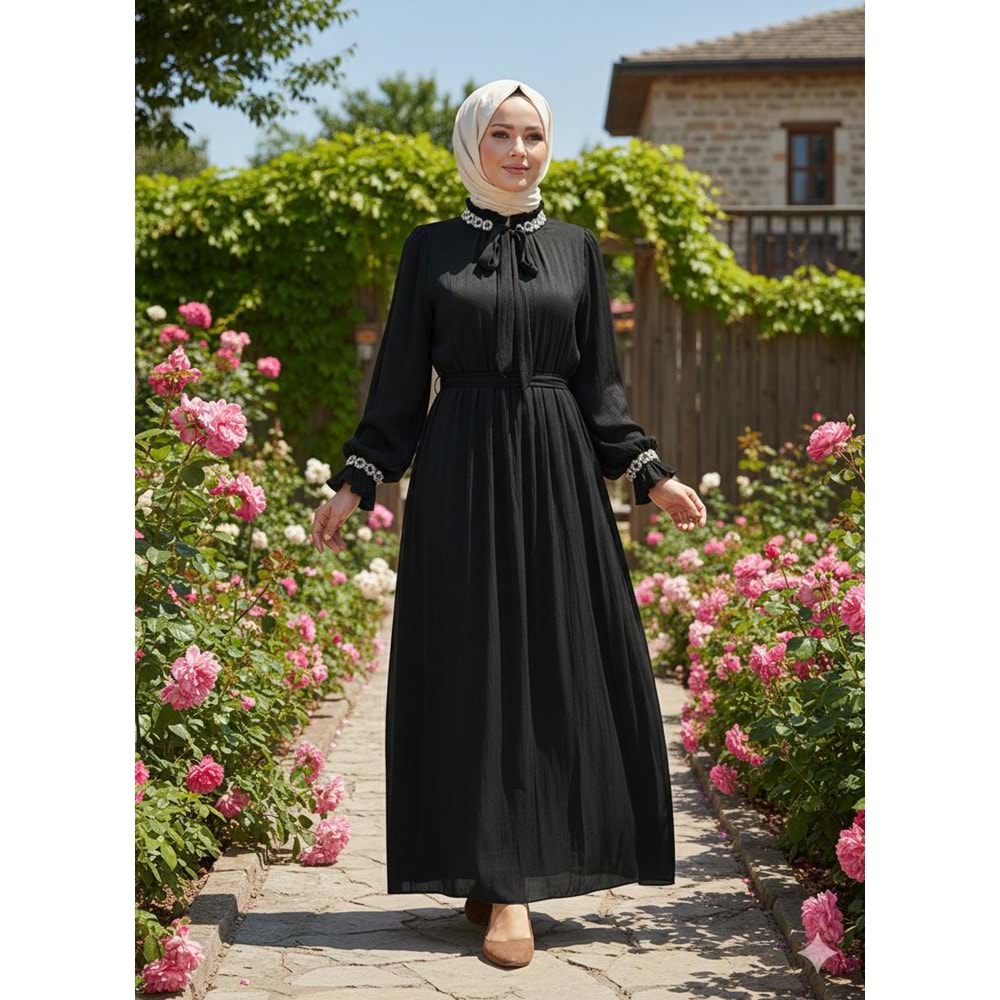 Yakası ve Kolları Taşlı Janjan Abiye Elbise 4748 - Siyah - 40