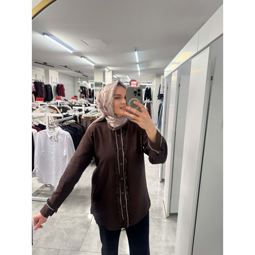 Taşlı Aksesuar Görünümlü Gömlek 26791 - Acı Kahve - S
