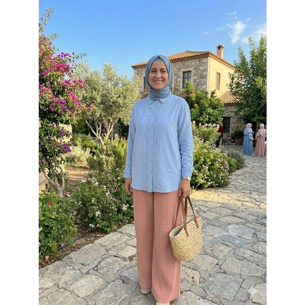 Taşlı Aksesuar Görünümlü Gömlek 26791 - Bebe Mavisi - L