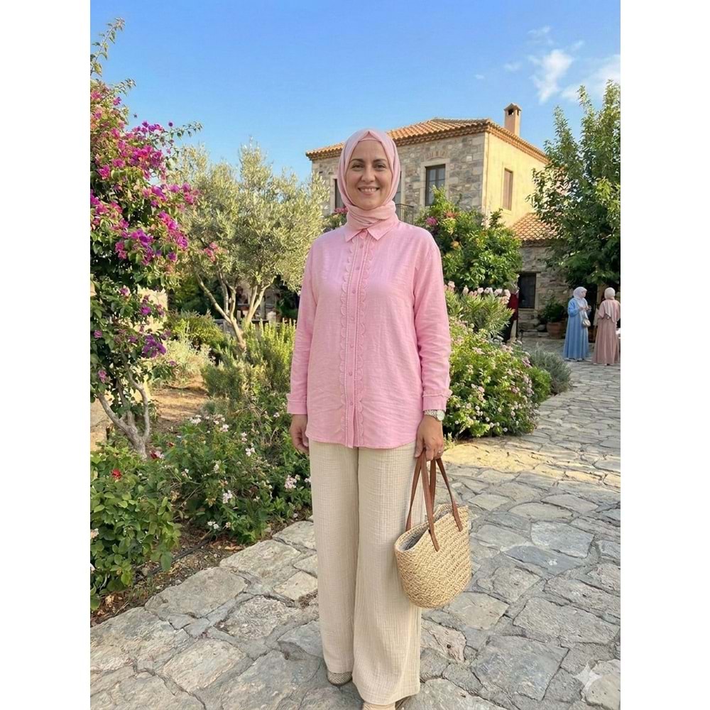 Taşlı Aksesuar Görünümlü Gömlek 26791 - Pembe - L