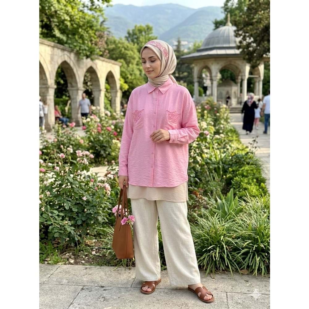 Cep Nakışlı Gömlek 26796 - Pembe - M