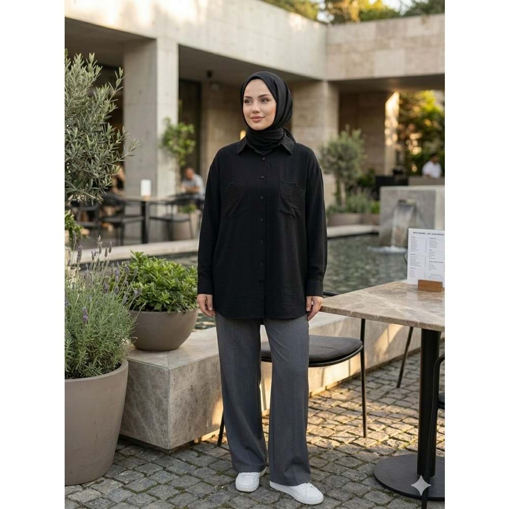 Cep Nakışlı Gömlek 26796 - Siyah - L