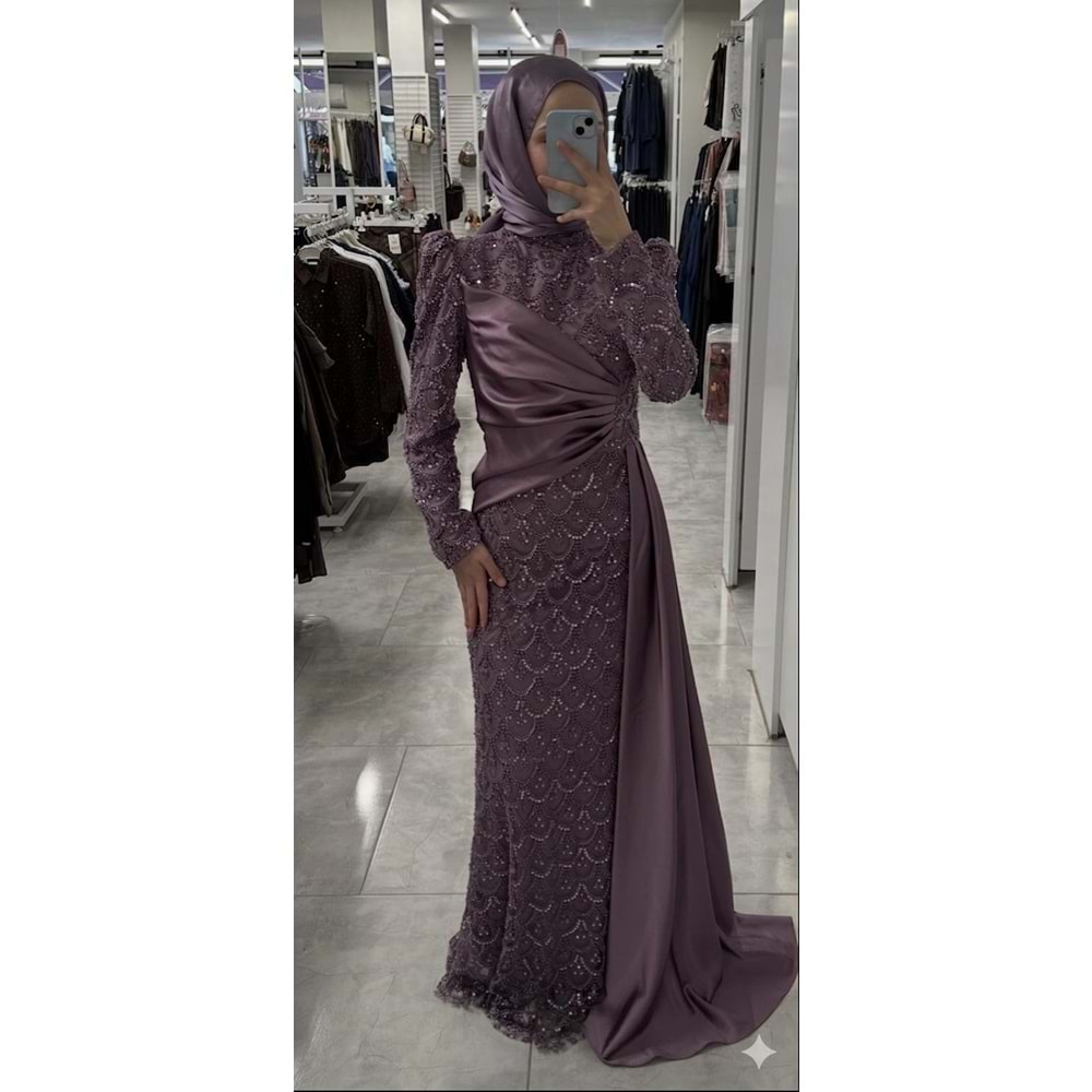 Yanı Saten Detaylı Abiye Elbise 12577 - Lila - 42