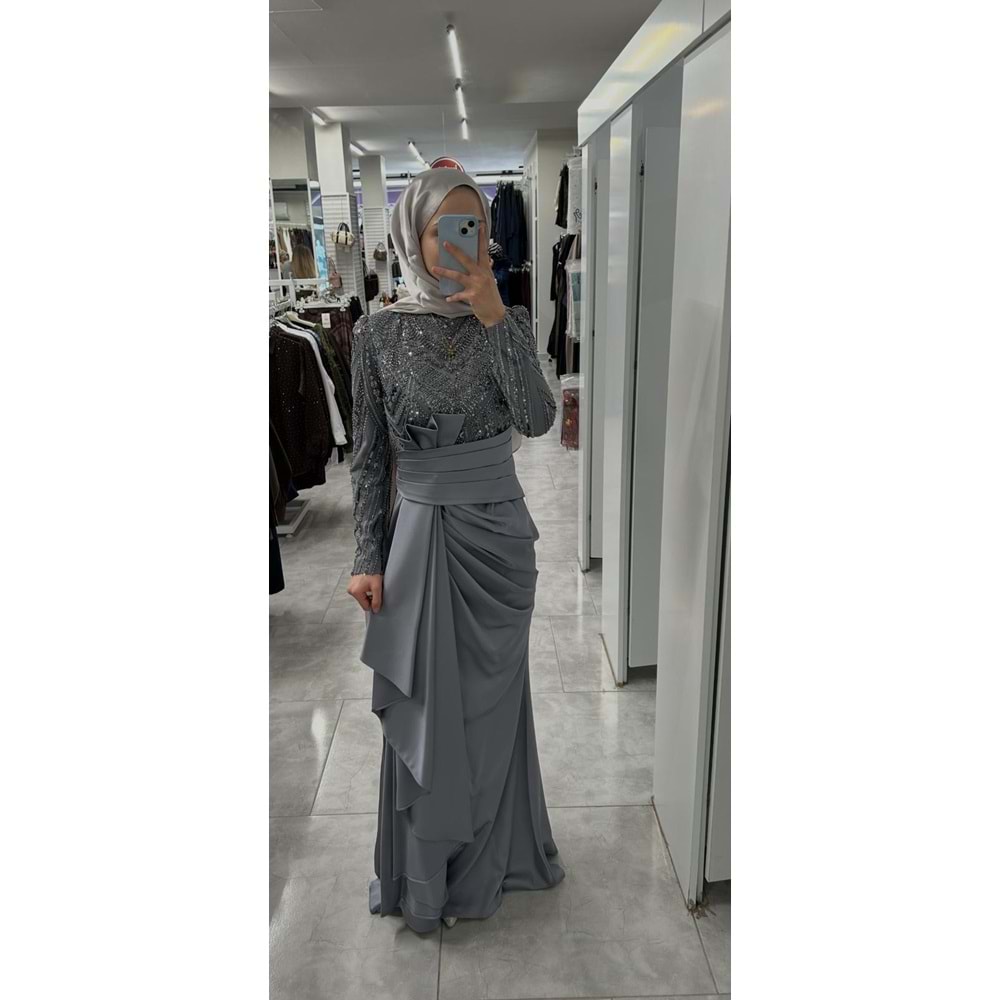 Beli Drape Detaylı Abiye Elbise 12582 - Gri - 42