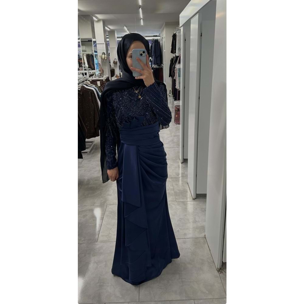 Beli Drape Detaylı Abiye Elbise 12582 - Lacivert - 40