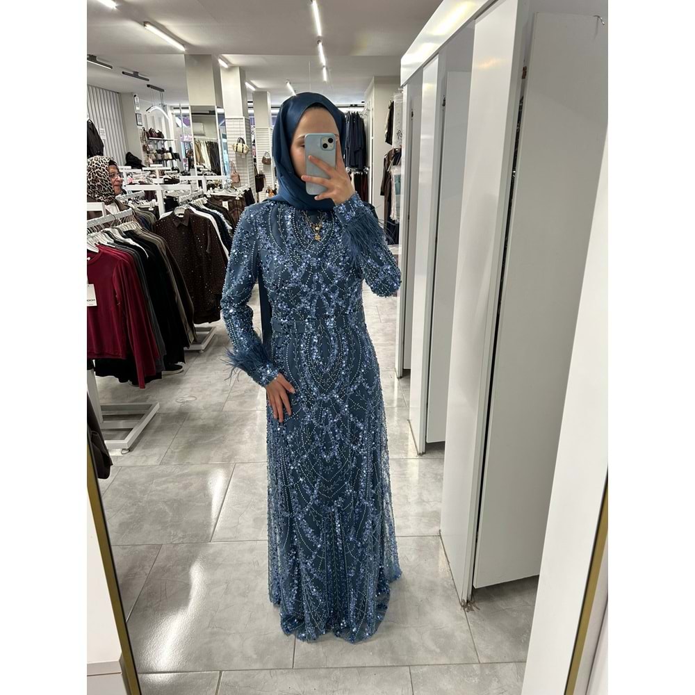 Ful Taşlı Abiye Elbise 17041 - Petrol Mavi - 40