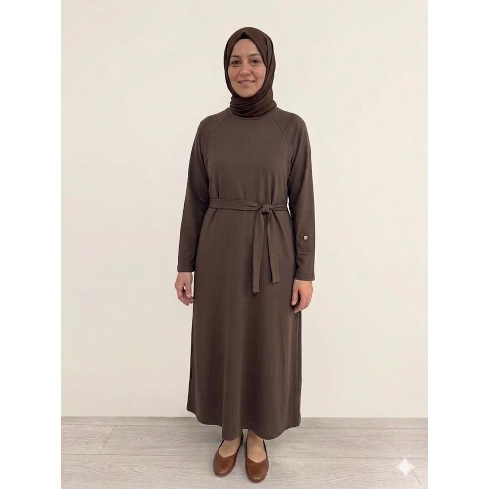 Beli Kuşaklı Oysho Elbise 12671 - Acı Kahve - TEK BEDEN