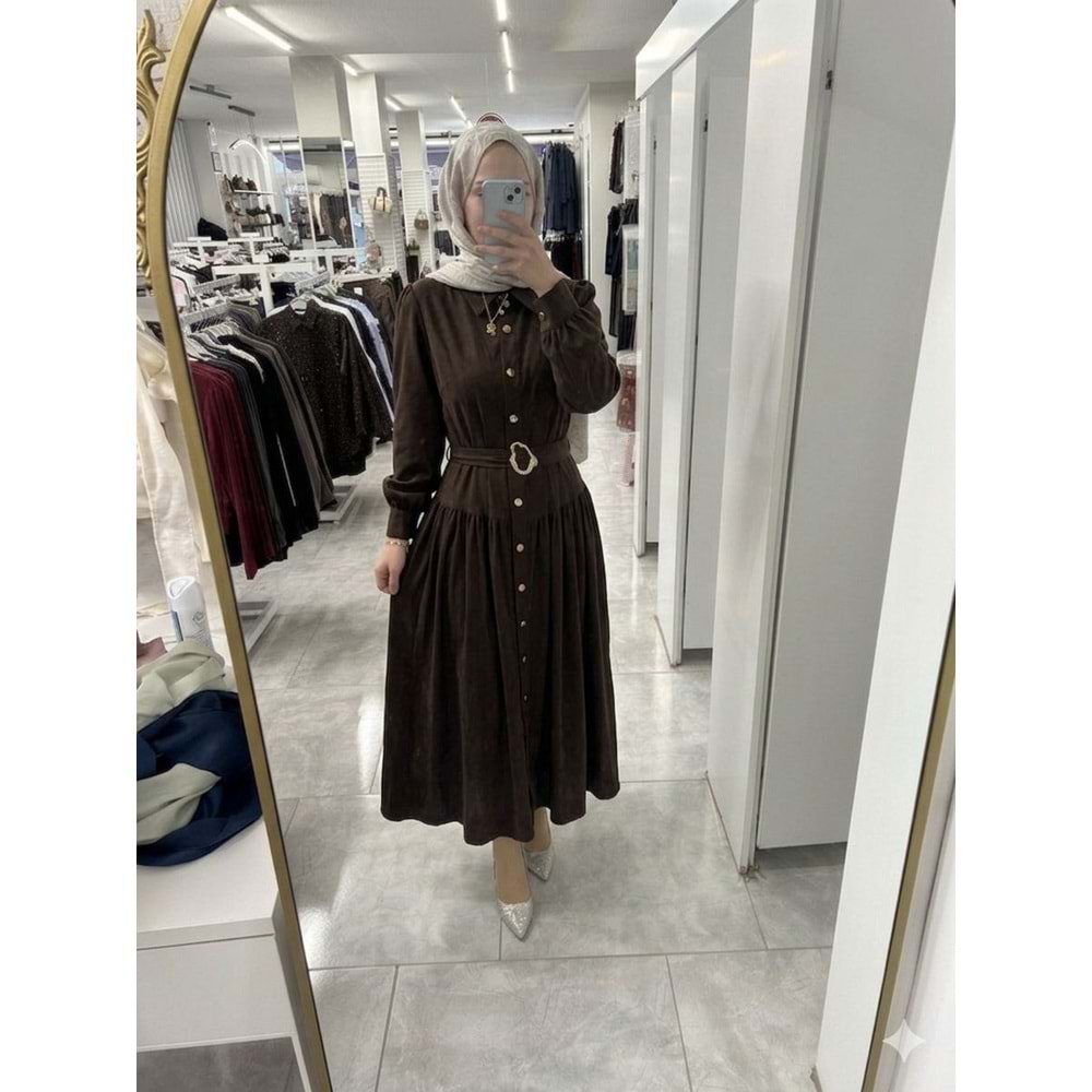 Pohen Beli Kemerli Modal Kumaş Elbise 1950 - Acı Kahve - L-XL