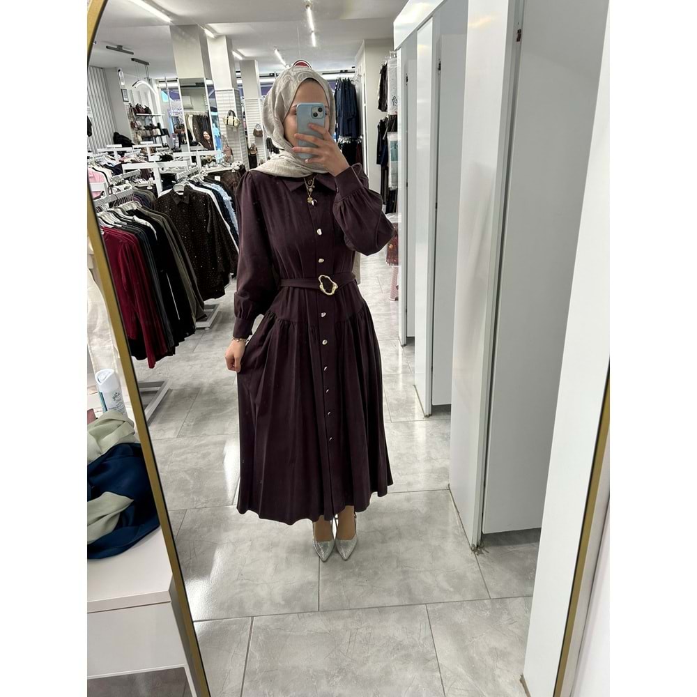 Pohen Beli Kemerli Modal Kumaş Elbise 1950 - Bordo - L-XL