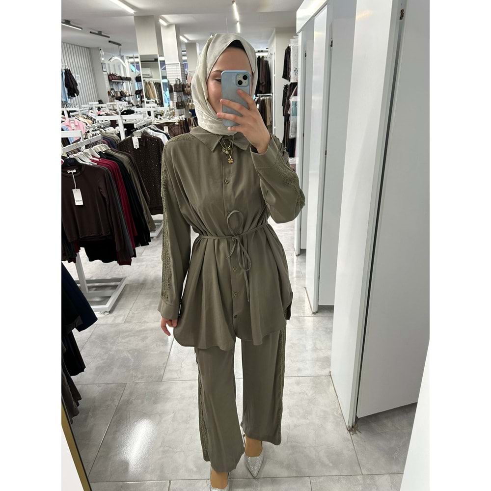 Kolları ve Pantolonlu Tül Detaylı Takım 120421 - Haki - 40