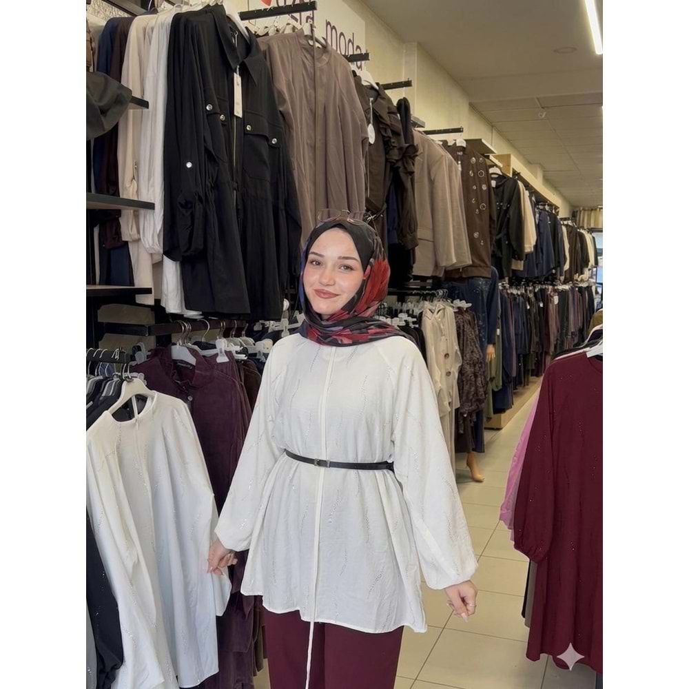 Balon Kol Fermuar Detaylı Kemerli Gömlek 26882 - Beyaz - M