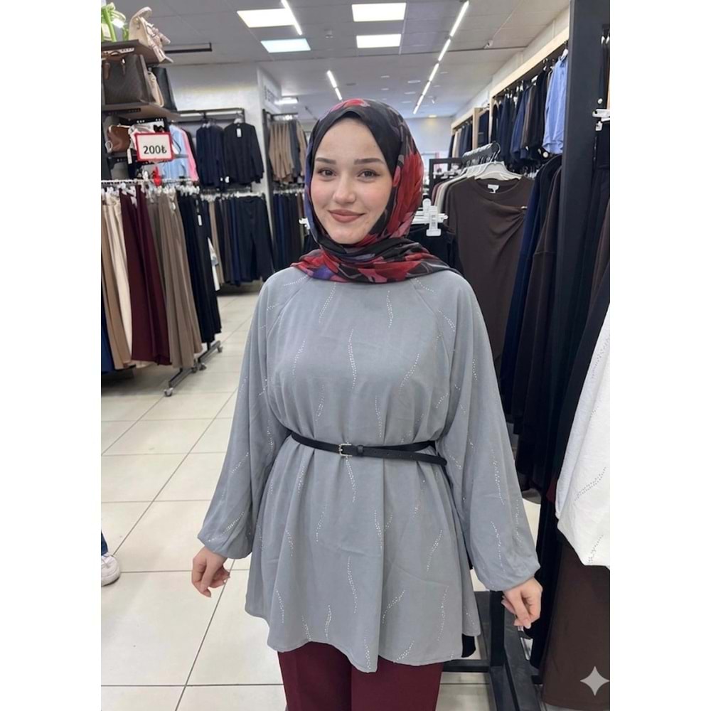 Balon Kol Fermuar Detaylı Kemerli Gömlek 26882 - Gri - M