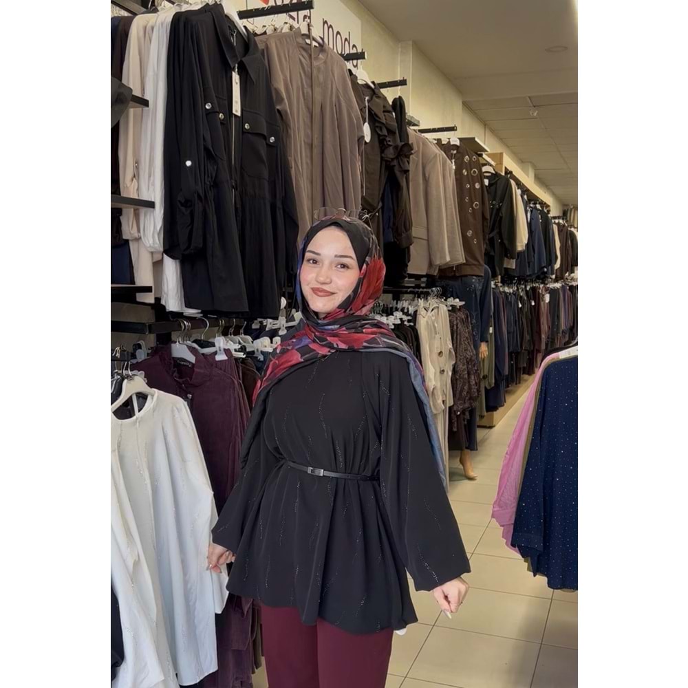 Balon Kol Fermuar Detaylı Kemerli Gömlek 26882 - Siyah - S