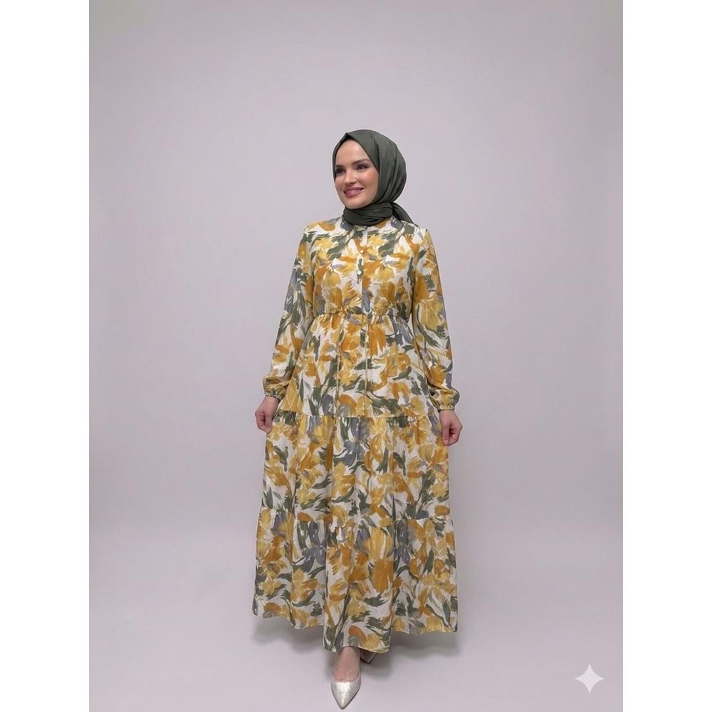 Bahar Desenli Elbise 1922 - Sarı - 46-48 - AZRA08237-64339