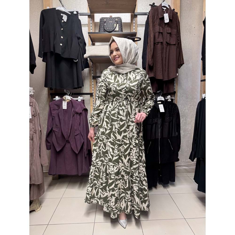 Bahar Desenli Elbise 1922 - Yeşil - 46-48 - AZRA08237-64347