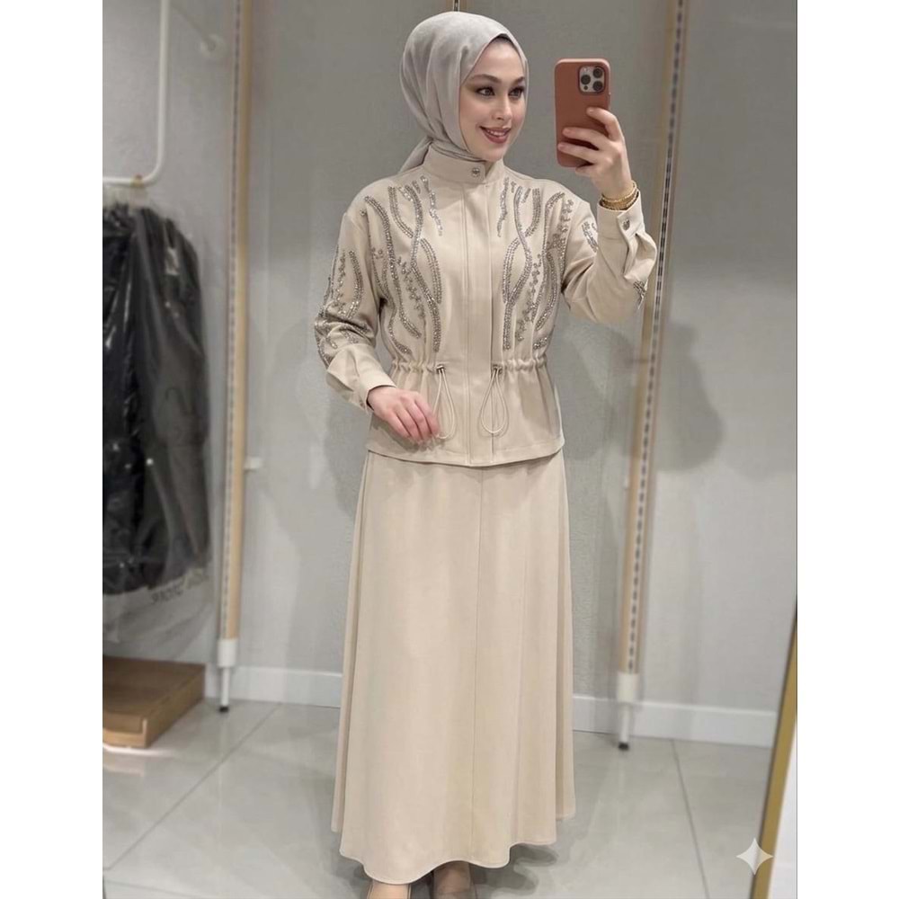 Boncuk İşlemeli Etekli Takım 1492 - Bej - S-M