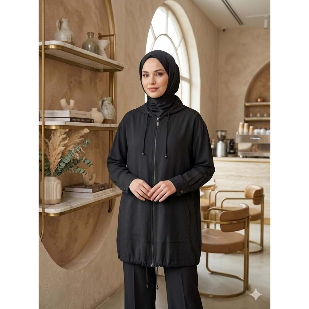 Kapşonlu Bomber Ceket 10972 - Siyah - M-L